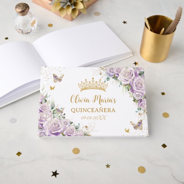 Lila Lilac Rose Blumengold Quinceanera Quince Gästebuch (Vorderseite Offen)