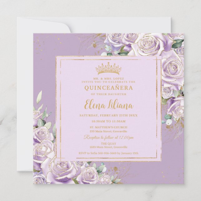 Lila Lilac Rose Blumenkohlengänger Sweet 16 Gold Einladung (Vorderseite)