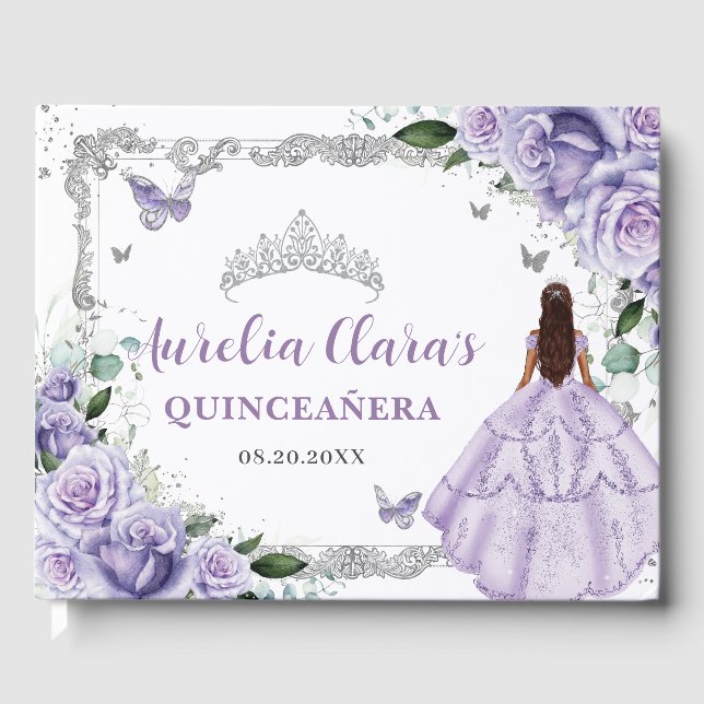 Lila Lilac Rose Blumenschmetterlinge Quinceañera Gästebuch (Vorderseite)