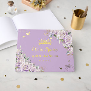 Lila Lilac Rose Floral Gold 15 XV Quinceañera Gästebuch