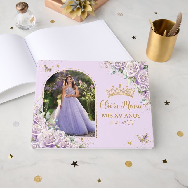 Lila Lilac Rose Floral Gold Quinceañera Foto Gästebuch (Vorderseite Offen)