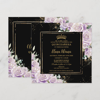Lila Lilac Rose Floral Gold Quinceanera Sweet 16 Einladung