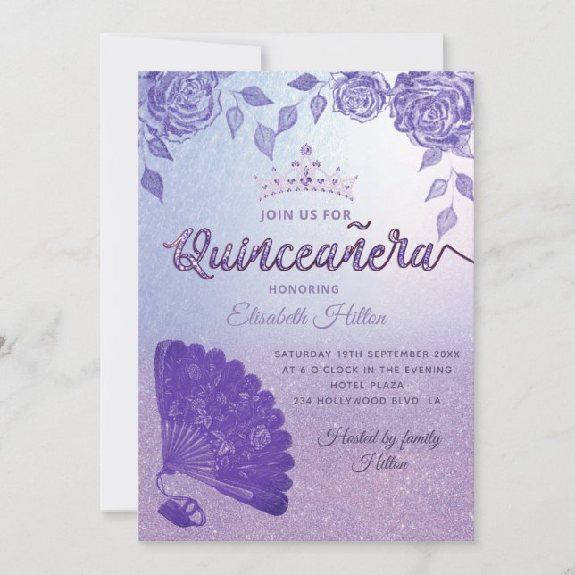 Lila Lilac Rose romantischer Handfan Quinceañera Einladung (Vorderseite)