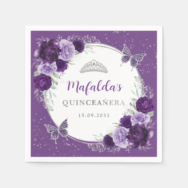 Lila Lilac Silver Blume Quinceanera Geburtstag Serviette (Vorderseite)