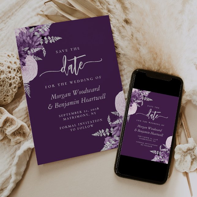 Lila Lilac Silver Floral Wedding Save the Date Einladung (Von Creator hochgeladen)
