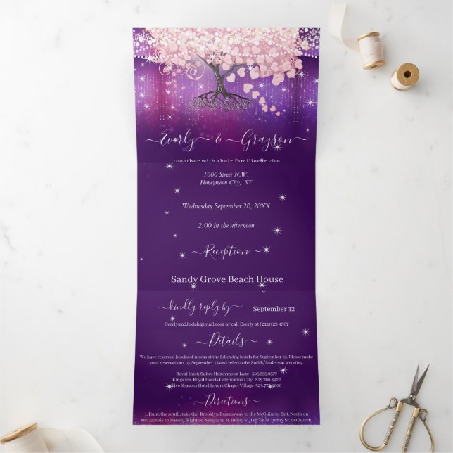 Lila Lilac- und Pink-Heart-Leaf-Tree Wedding Tri- Dreifach Gefaltete Einladung (Innenseite)