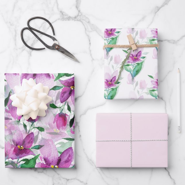 Lila Lilac Wasserfarbe Blütenhandbemalt Geschenkpapier Set (Vorderseite)