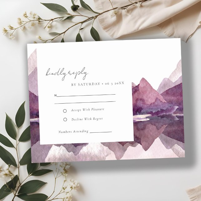 Lila Lilac Watercolor Bergsee Hochzeit RSVP Karte (Von Creator hochgeladen)