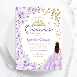 Lila Lilac Watercolor Floral Gold Quinceanera Einladung