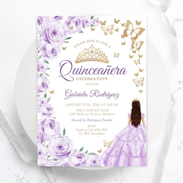 Lila Lilac Watercolor Floral Gold Quinceanera Einladung (Von Creator hochgeladen)