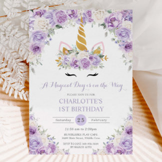 Lila Lilac White Floral Unicoron 1. 2. Geburtstag Einladung