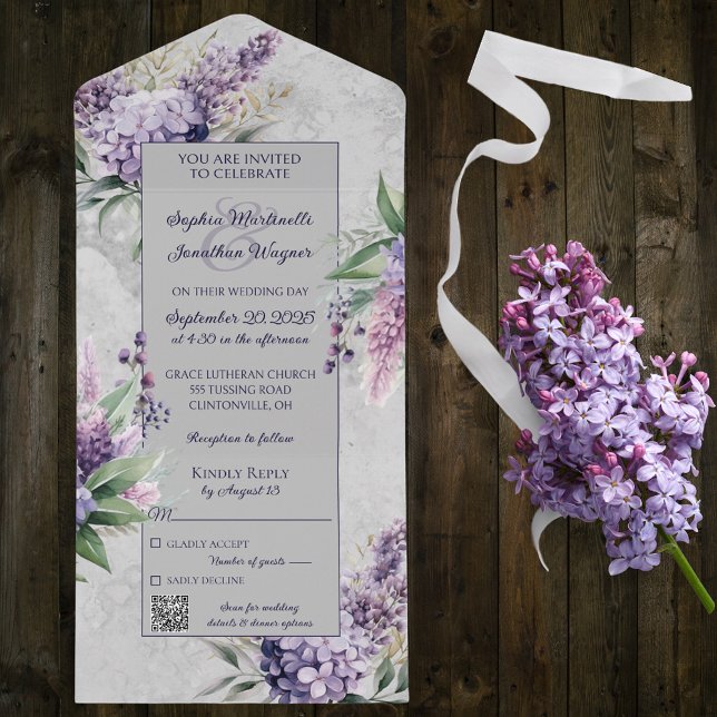 Lila Lilacs mit Heather auf Grau mit QR-Code All In One Einladung (Von Creator hochgeladen)