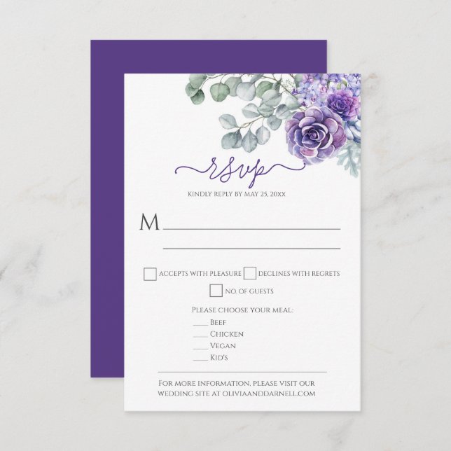 Lila Lilacs & Succulents, Eukalyptus DIY Wedding RSVP Karte (Vorne/Hinten)