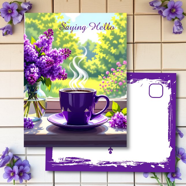 Lila Lilacs und Kaffee | Nur Sprichwort Hallo Postkarte (Von Creator hochgeladen)