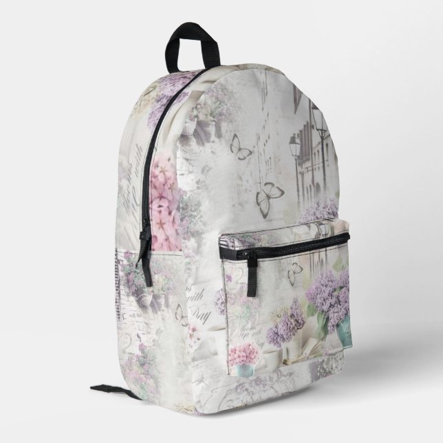 Lila Lilacs Vase Books European Street Bedruckter Rucksack (Rückseitige Ecke links)