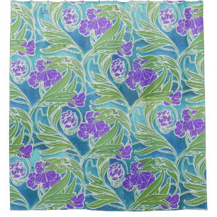 LILA LILIE ,GRÜNE BLÄTTER AQUA BLAUE BLUE FLORAL DUSCHVORHANG