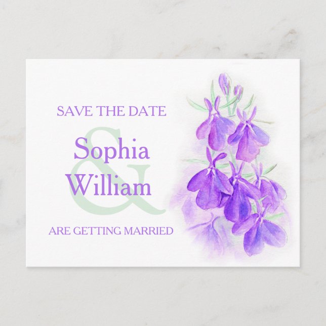 lila Lobelia Save the Date Postkarte (Vorderseite)
