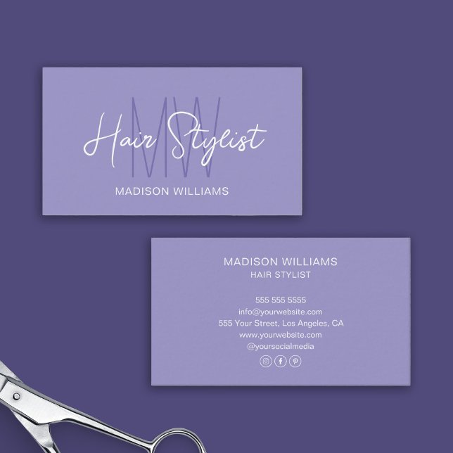 Lila Logokombinat für Haarstempel Visitenkarte (Hair Stylist Monogram Logo Purple Business Card)