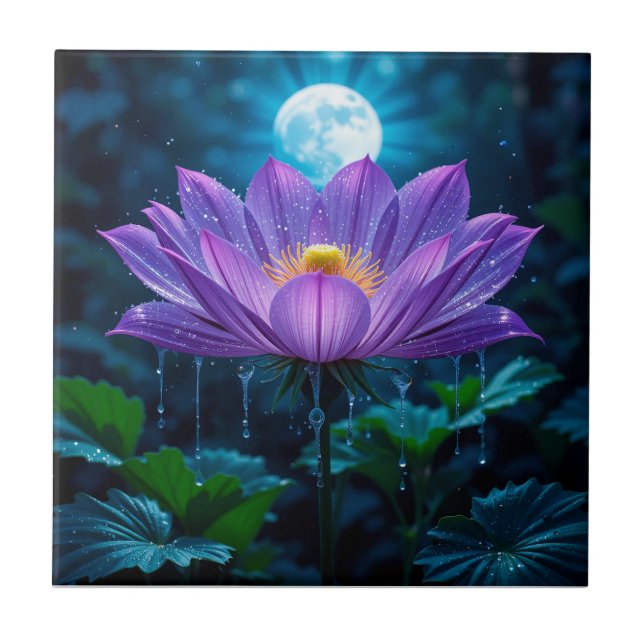 Lila Lotus Blossom unter Mondlicht Fliese (Vorderseite)