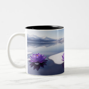 Lila Lotus-Blume auf einem Wintersee. Zweifarbige Tasse