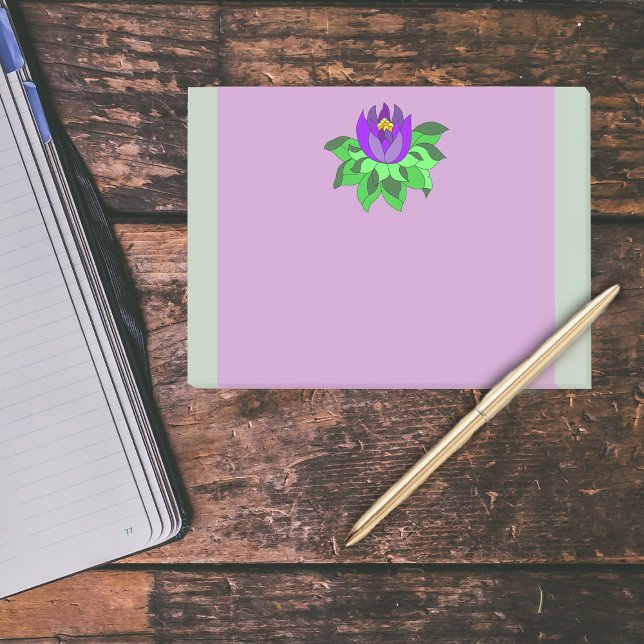 Lila Lotus Blume Streifen Post-it Klebezettel (Big purple lotus flower green leaves on purple with pale green borders post it notes.)