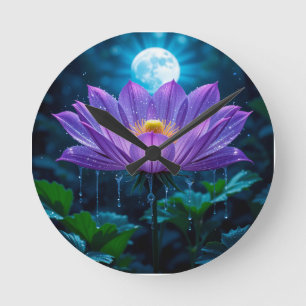 Lila Lotusblüte im Mondlicht Runde Wanduhr