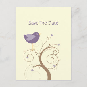 Lila Lovebird und Herz Save the Date Ankündigungspostkarte