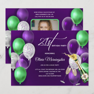 Lila Luftballons 21. Geburtstagsfoto Einladung