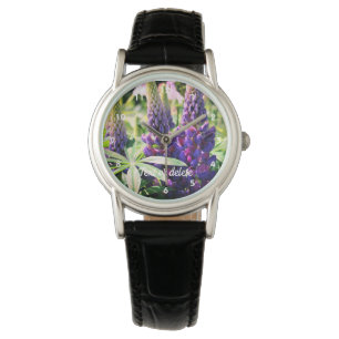 Lila Lupine Blume Trio Personalisiert Armbanduhr