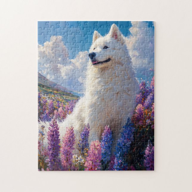 Lila Lupine-Blume von Samoyed Dog Puzzle (Vertikal)