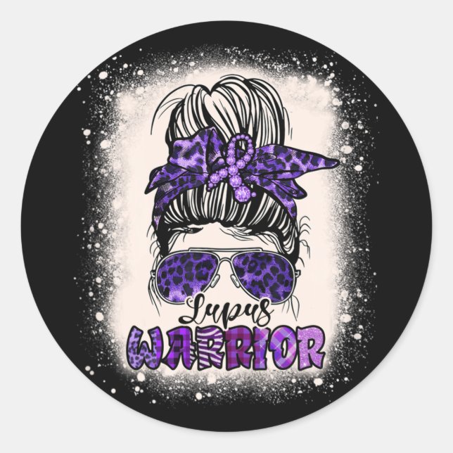 Lila Lupus Awareness Leopard Messy Bun Lupus Runder Aufkleber (Vorderseite)