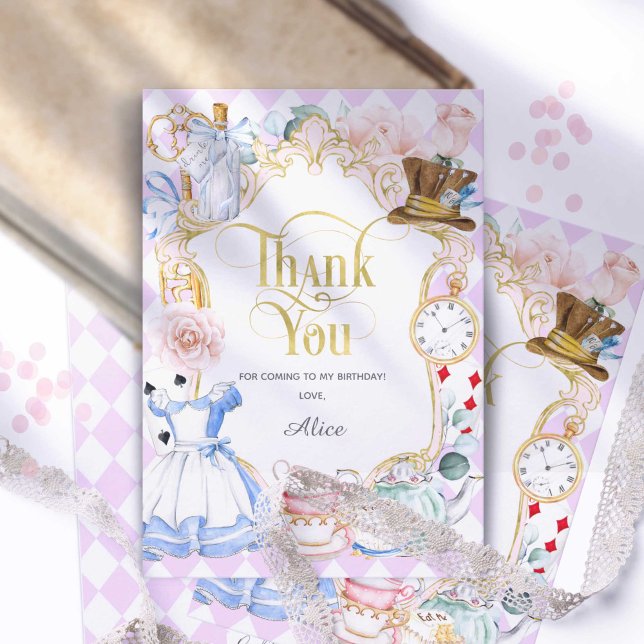 Lila, Mad hatter tea Party, Alice Wonderland Dankeskarte (Purple. Onderland girl 1st birthday, mad hatter, tea party thank you cards.)