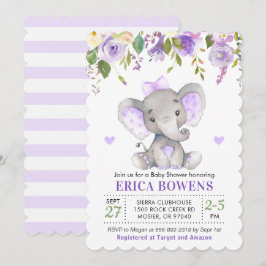 Lila Mädchen Elefant Babydusche Einladung