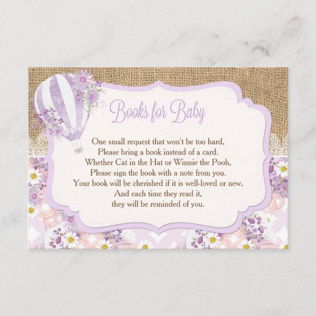 lila Mädchen Heißluftballon Bücher für Babyeinsatz Begleitkarte (Vorderseite)