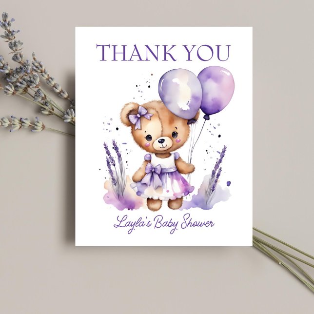 Lila Mädchen Teddy Bär Babydusche Dankeschön Karte (Girl teddy bear baby shower thank you card cute teddy bear with a purple dress balloons thank you)