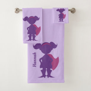 Lila Mädchensuperhero-Silhouette-personalisierte Badhandtuch Set
