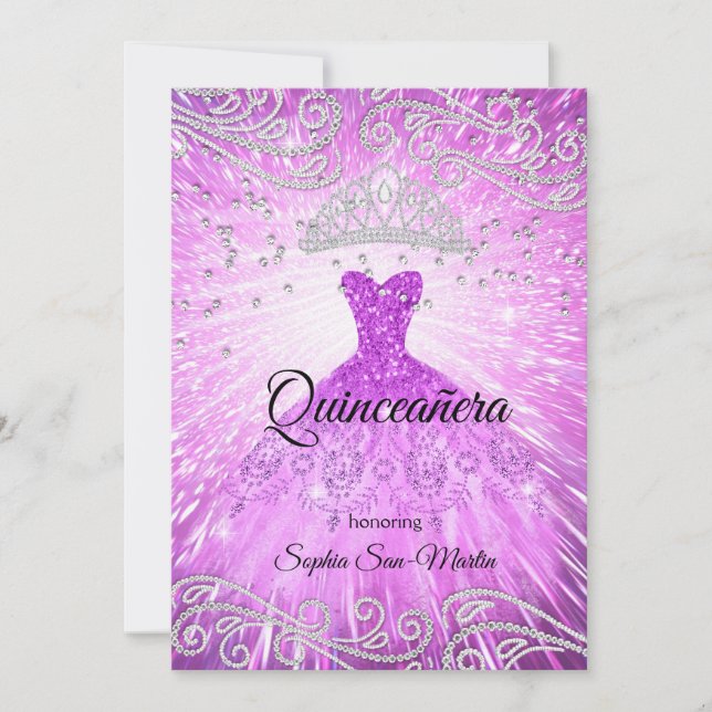 Lila Magenta Kleid Silver Quinceanera Geburtstag Einladung (Vorderseite)