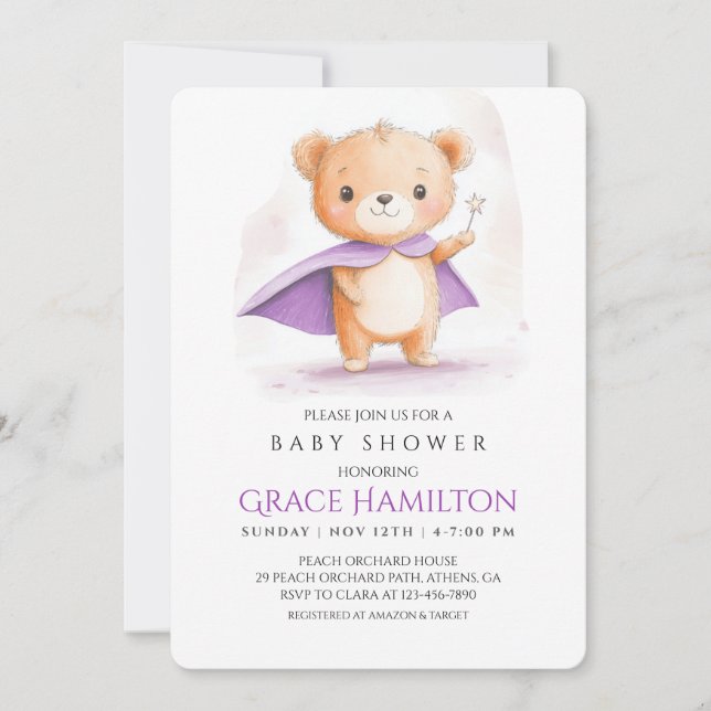 Lila Magic Bear Baby Shower Einladung für Mädchen (Vorderseite)