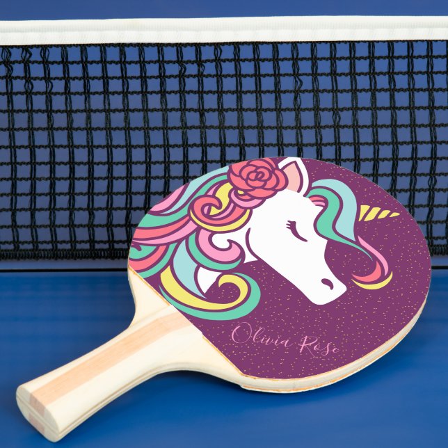 Lila Magical Unicorn Gold Glitzer Personalisiert Tischtennis Schläger (InSitu)