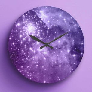 Lila Magie Sterne Große Wanduhr