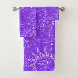 Lila Magie Vintage Himmels-Sonne Mond Sterne Badhandtuch Set