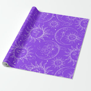 Lila Magie Vintage Himmels-Sonne Mond Sterne Geschenkpapier