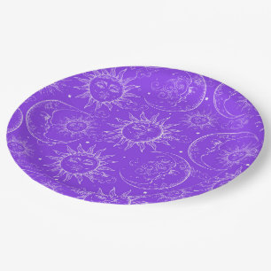 Lila Magie Vintage Himmels-Sonne Mond Sterne Pappteller