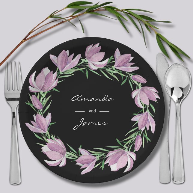 Lila Magnolia Pappteller (Purple Magnolia Floral Wreath Watercolor Paper Plates)