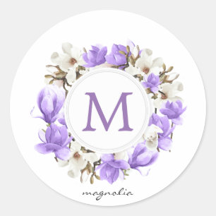 Lila Magnolia-Wreath-Monogramm Runder Aufkleber