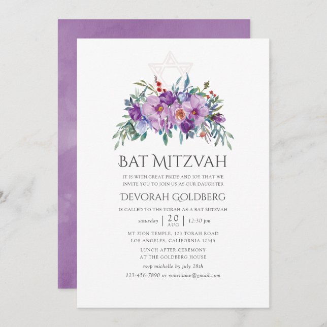 Lila Magnolien und Rose Bat Mitzvah Einladung (Vorne/Hinten)