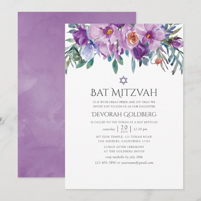 Lila Magnolien und Rose Bat Mitzvah Einladung (Vorne/Hinten)