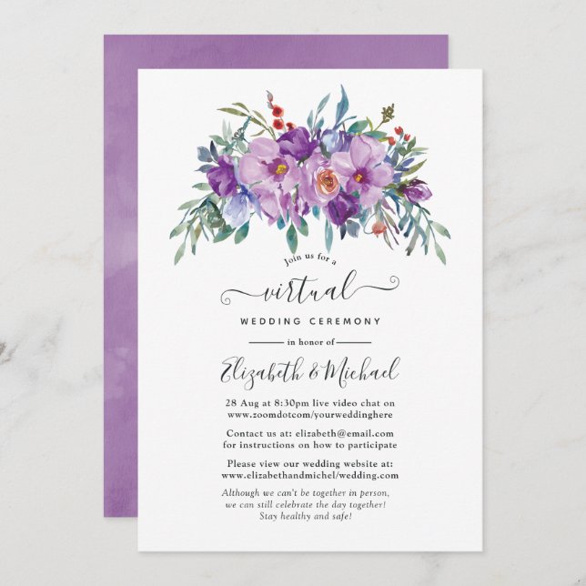 Lila Magnolien und Rose Online Virtual Wedding Einladung (Vorne/Hinten)