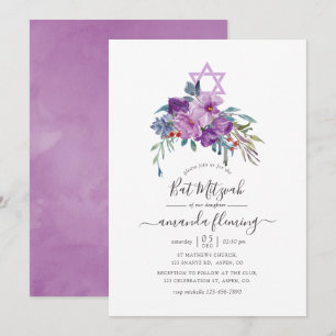 Lila Magnolien und Rose Wasserfarben Bat Mitzvah Einladung