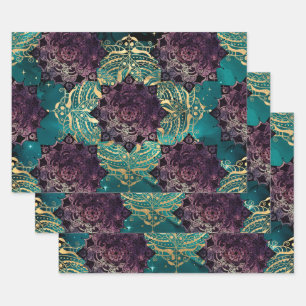 Lila Mandalas und Schmetterlinge auf dem Aquamarin Geschenkpapier Set